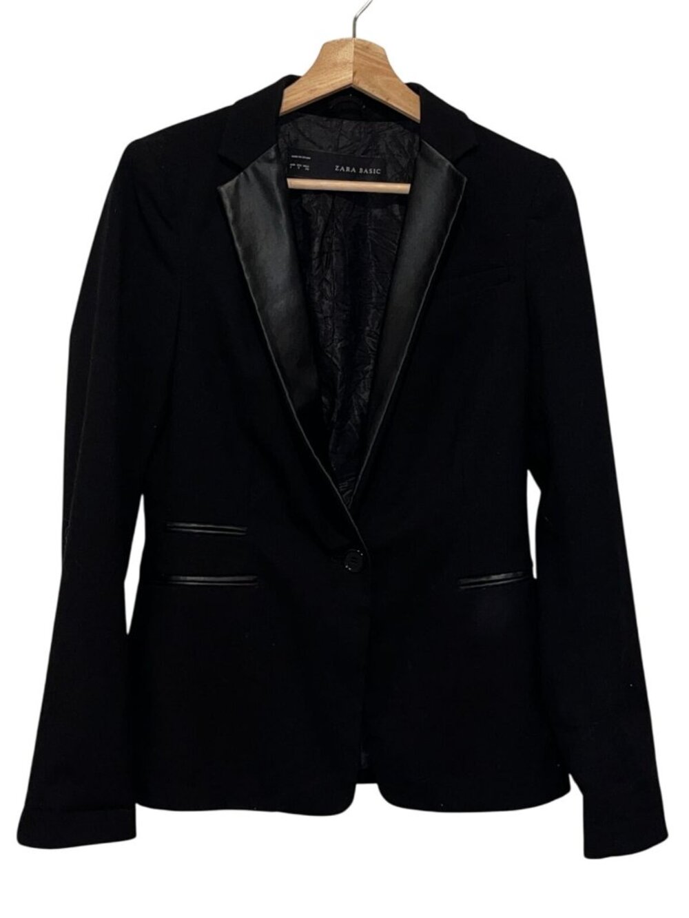 Zara Basic Black Single-Button Satin Lapels & Faux Leather Trim Women's Blazer S